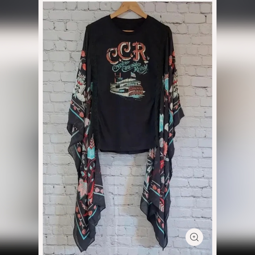 Black CCR CREEDENCE CLEARWATER REVIVAL Graphic Kimono with Floral Sleeves TSHIRT